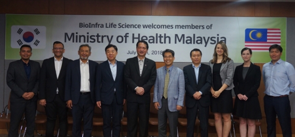 지난 7월 30일 말레이시아 보건부 (Ministry of Health Malaysia)의 Datuk Dr. Noor Hisham Abdullah 차관보(Director General)와 보건부 산하의 Clinical Research Malaysia (CRM)의 Dr. Akhmal Yusof CEO등이 7월 30일 회사를 방문해 기념촬영을 하고 있다./출처=바이오인프라생명과학