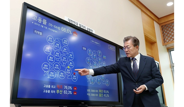 문재인 대통령이 일자리 상황판을 지켜보고 있다./출처=청와대