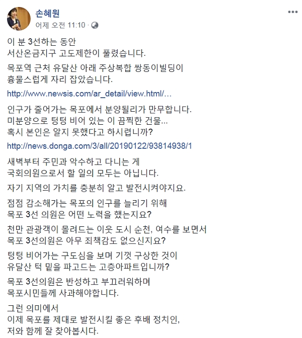 출처=손혜원 의원 페이스북 캡처