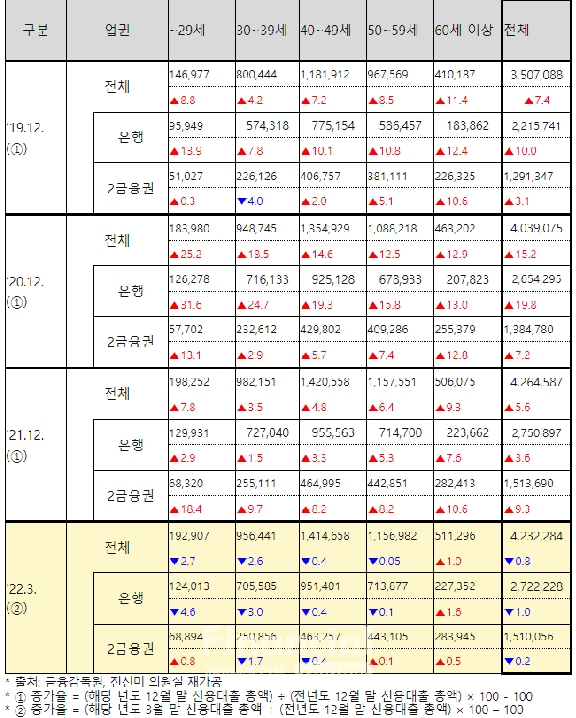 세대별 신용대출 현황/출처=금융감독원, 진선미 의원실