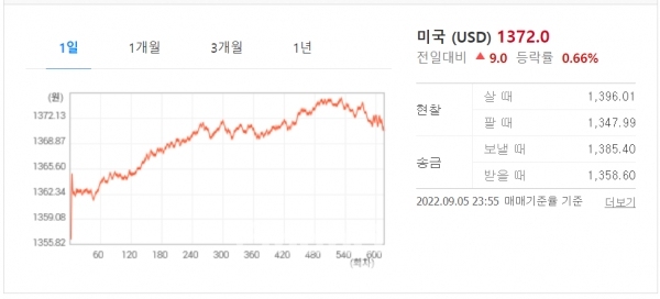 지난 5일 하루 동안 원/달러 환율 추이./출처=하나은행