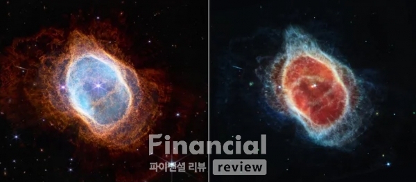 제임스 웹 우주 망원경의 두 가지 카메라로 촬영한 NGC 3132(팔렬성운)의 사진.