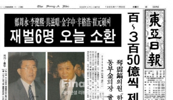 1995년 11월 8일 노태우 비자금 관련 재벌 총수들의 검찰 출석 관련 동아일보 기사