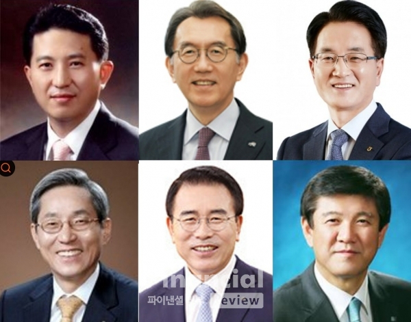 {왼쪽 위부터 순서대로) 임영록 전 KB금융지주 회장, 박진회 전 한국씨티은행장, 손병환 전 농협금융지주 회장, 윤종규 KB금융지주 회장, 조용병 전 신한금융지주 회장, 조준희 전 기업은행장 / 사진=파이낸셜리뷰DB