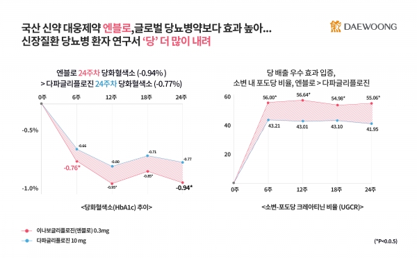 대웅제약의 국산 36호 신약 '엔블로'와 글로벌 제약사의 다파글리플로진의 비교 연구결과 관련 이미지. /사진=대웅제약