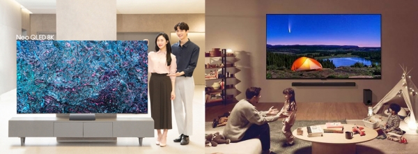 삼성전자의 2024형 네오 QLED 8K 85인치 TV제품(왼쪽)과 LG전자의 2024년형 LG QNED TV 제품. /사진=각사