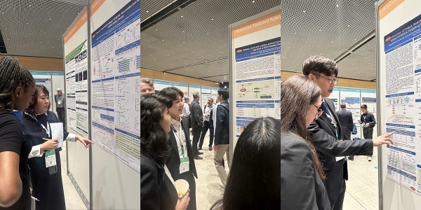 왼쪽부터 한미약품 R&D센터 곽은주 연구원 박원기 연구원, 유형석 연구원이 국제 암 학술대회 ‘EORTC-NCI-AACR 2024’에서 차세대 항암신약의 연구결과 3건이 담긴 포스터 내용을 설명하고 있다. /사진=한미약품